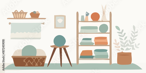 Cozy home interior with organized shelves and decor