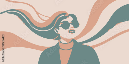 Stylish woman with flowing hair and trendy sunglasses
