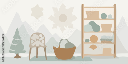 Cozy nursery decor with wooden furniture and mountain view