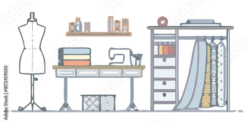 Fashion design workspace with sewing machine and dress form