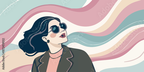 Stylish woman in sunglasses with colorful wavy background