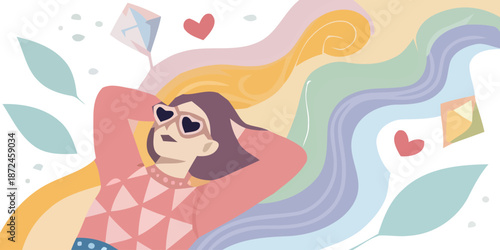 Relaxed woman enjoying peaceful morning with colorful background