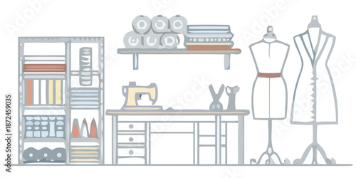Tailor's workspace with sewing machine and dress forms