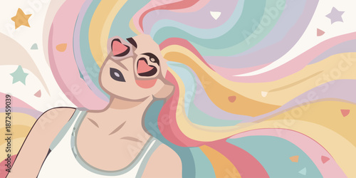 Vibrant woman with colorful hair and makeup smiling freely