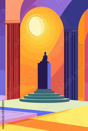 A vibrant illustration showcases a serene Buddha statue centered within a colorful, stylized temple interior, bathed in warm sunlight and geometric architectural elements, creating a sense of peace.