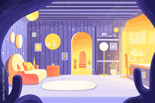 An inviting interior illustration showcases a cozy living space with stylized furniture, warm lighting, and a vibrant color palette, creating a welcoming and artistic atmosphere for creative projects.