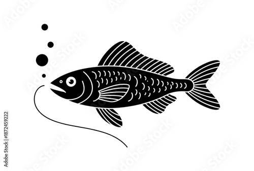 Black and white fish illustration with fishing hook