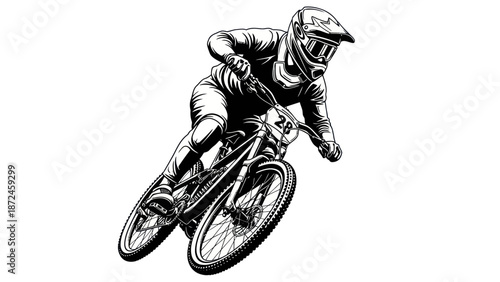Dynamic downhill mountain biker in full gear racing on a challenging trail.
