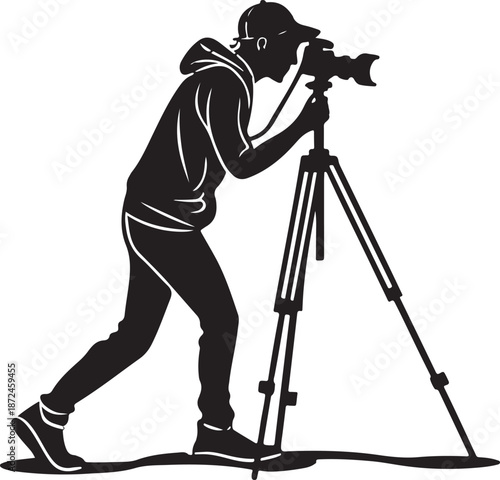 Premium content creator silhouette vector holding camera or smartphone on tripod, modern minimalist black icon for professional digital branding use