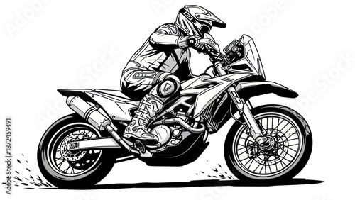 Dynamic illustration of a rally motorcycle rider in action.