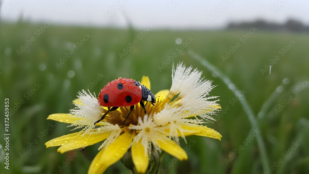 Obraz premium Ladybug on yellow flower in green meadow.