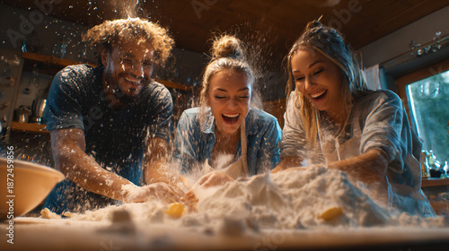 laughter in the kitchen with friends, friends cooking together in a messy kitchen, joyful human connection through shared cooking moments