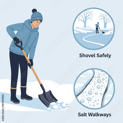 Woman Shoveling Snow Safely with Salt.
