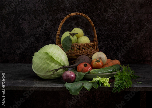 On the table are washed, clean vegetables and fruits, ready to eat and prepare healthy food.