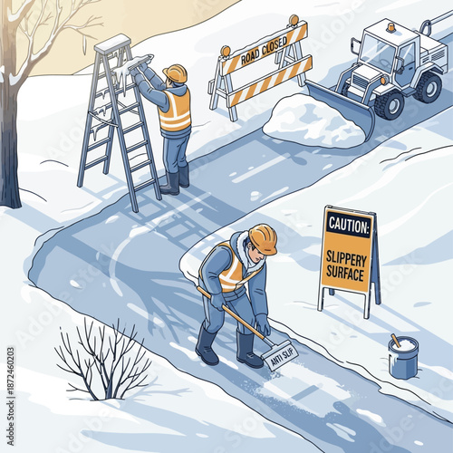 Workers Clearing Snow from Road Surface.