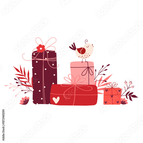 Hand drawn cute Valentine gift boxes with little bird and floral decorations in pink colors. Romantic flat illustration in doodle style