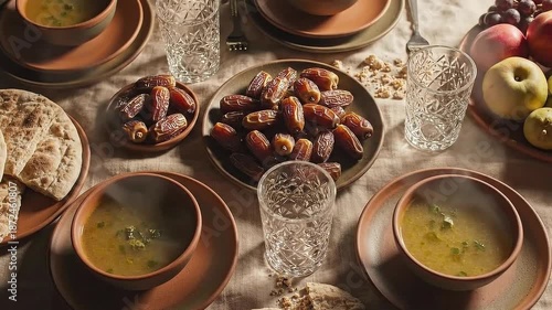 Steaming soup and dates on dining table, warm and inviting, Iftar breaking fast meal against beige linen background