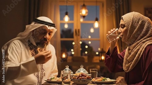Muslim couple breaking fast with dates and water, joyful and grateful, Iftar dinner celebration against warm indoor background