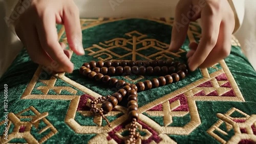 Islamic prayer rugs and hands counting beads, spiritual and serene, Muslim worship preparation against sunny room background