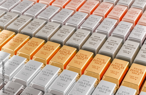 Stacked of gold, silver, platinum, copper, palladium, rhodium, nickel bullion bars. 3D rendering