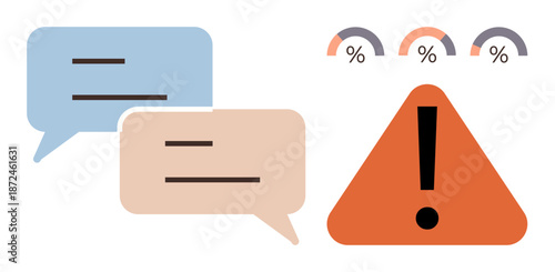 Data security, misinformation, online risk, cybersecurity, alert systems, digital communication. Chat bubbles and warning triangle icon with risk percentages. Data security and misinformation concept