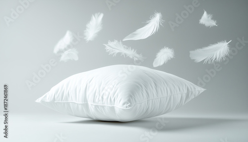 Soft white pillow with falling feathers floats gently. Gentle downy wisps drift in air around cushion. Concept of comfort sleep relaxation and cozy bed textiles.