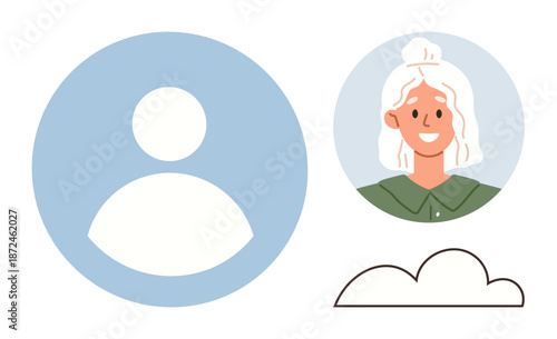Digital identity, user profiles, online communication, avatar customization, social media interaction, personal branding. Abstract user profile icon, portrait avatar and a cloud element. Digital