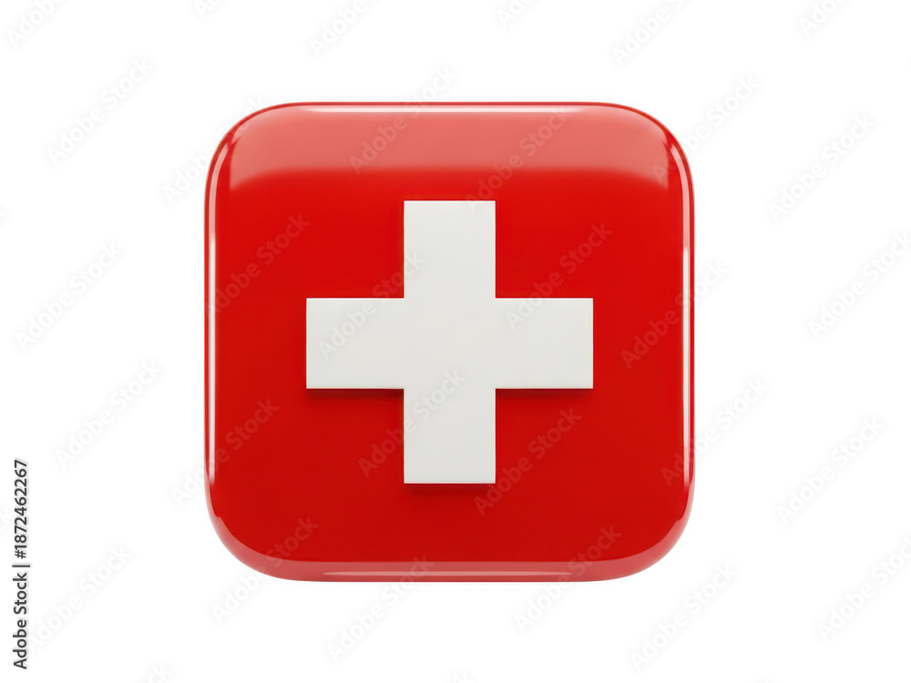 Obraz premium Glossy Red Square Button with White Cross Medical Health Symbol