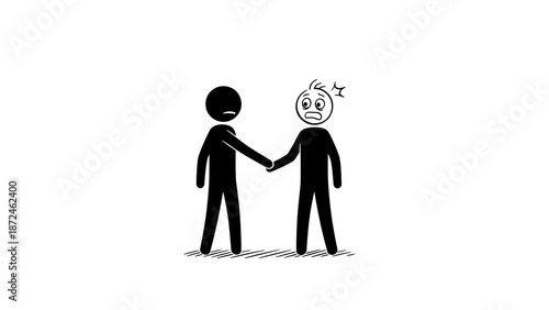 Two Stick Figures Shaking Hands, One Sad and One Surprised or Worried, isolated white background