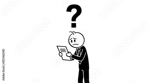 Confused Businessman Stick Figure Looking at Document with Question Mark, isolated white background