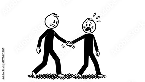 Forceful Stick Man Grabbing Hand of Scared Stick Man Indicating Coercion on Isolated White Background
