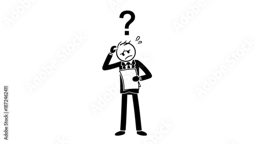 Puzzled Stick Man Businessman Looking at Paper and Scratching Head with Question Mark on Isolated White Background