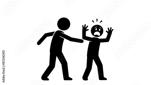 Black Stick Man Pushing Another Scared Stick Man Away Indicating Rejection on Isolated White Background