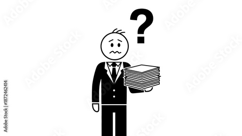 Overwhelmed Stick Man Businessman Holding Stack of Papers with Question Mark Above Head on Isolated White Background