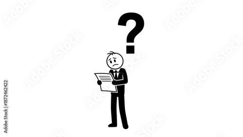 Confused Stick Man Businessman Holding Single Paper with Question Mark Above Head on Isolated White Background