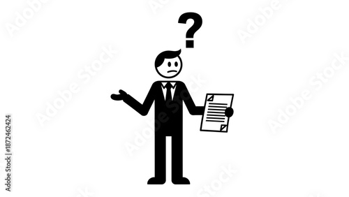 Confused Stick Man Businessman Explaining with Papers and Question Mark Above Head on Isolated White Background
