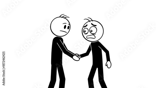 Stick Men Shaking Hands with Mixed Emotions, One Happy and One Worried, on Isolated White Background