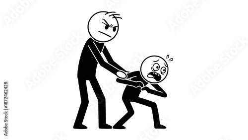 Angry Stick Figure Pulling Scared Resisting Victim, Isolated White Background
