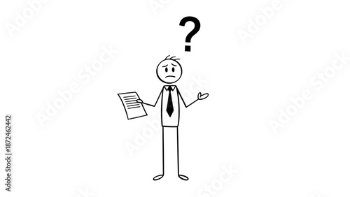Confused Stick Man Businessman Working on Laptop with Question Mark Above Head on Isolated White Background
