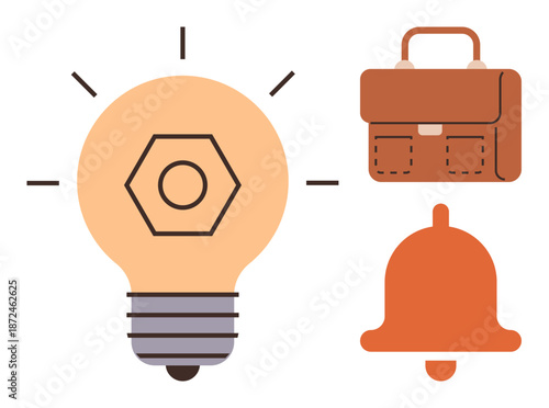 Business strategy, innovation, productivity, communication, alerts, organization. Lightbulb, briefcase bell icons in a simple layout. Business strategy and innovation conceptual illustration