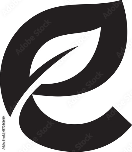black, filled and minimalist logo, a leaf mixed with a letter e, white background
