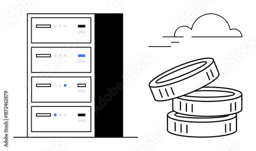 Cloud storage, fintech systems, cryptocurrency mining, digital transactions, blockchain technology, server management. Server racks and coin stack with cloud element. Cloud storage and fintech