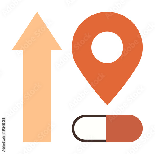 Health navigation, medical aid, pharmaceutical industry, progress, mapping solutions, logistics. Bold arrow, location pin and capsule icon. Health navigation and medical aid