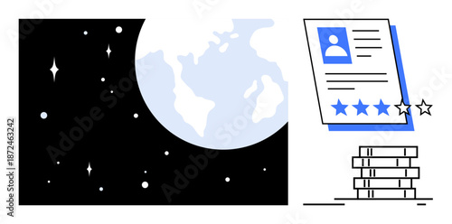 Earth in space beside a reviewed resume with star ratings on a document. Ideal for global talent acquisition, hiring, career development, rating systems, professional evaluation, skill assessment
