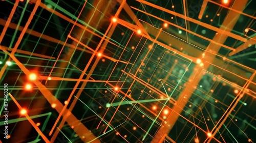 Network Grid with Neon Lights and Nodes.