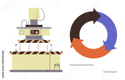 Recycling, sustainability, manufacturing, waste reduction, eco-friendly solutions, industrial processes. ion of a machine and circular arrows. Recycling and sustainability concept