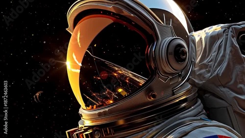 Astronaut in Space Suit Floating in Orbit.