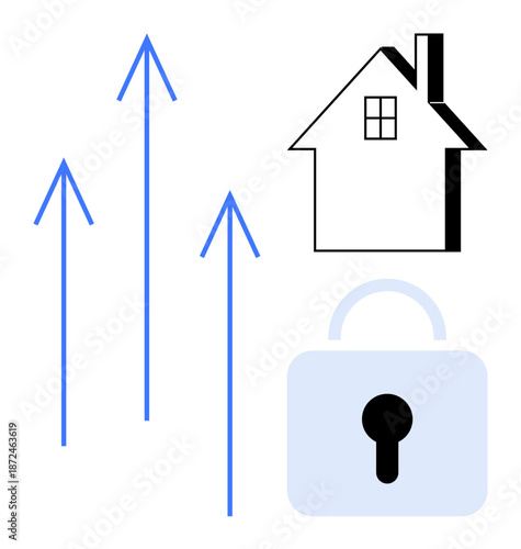 Home security, property value, housing market trends, financial growth, safety, investment. Blue arrows, padlock and house. Home security and property value illustrated through clear visuals