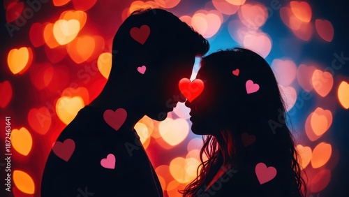 Abstract romantic couple kiss with hearts overlay for Valentine day celebration