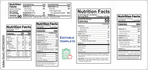 Nutrition Facts, Supplement facts, Nutrition facts template, Editable Templates, Vector Template
